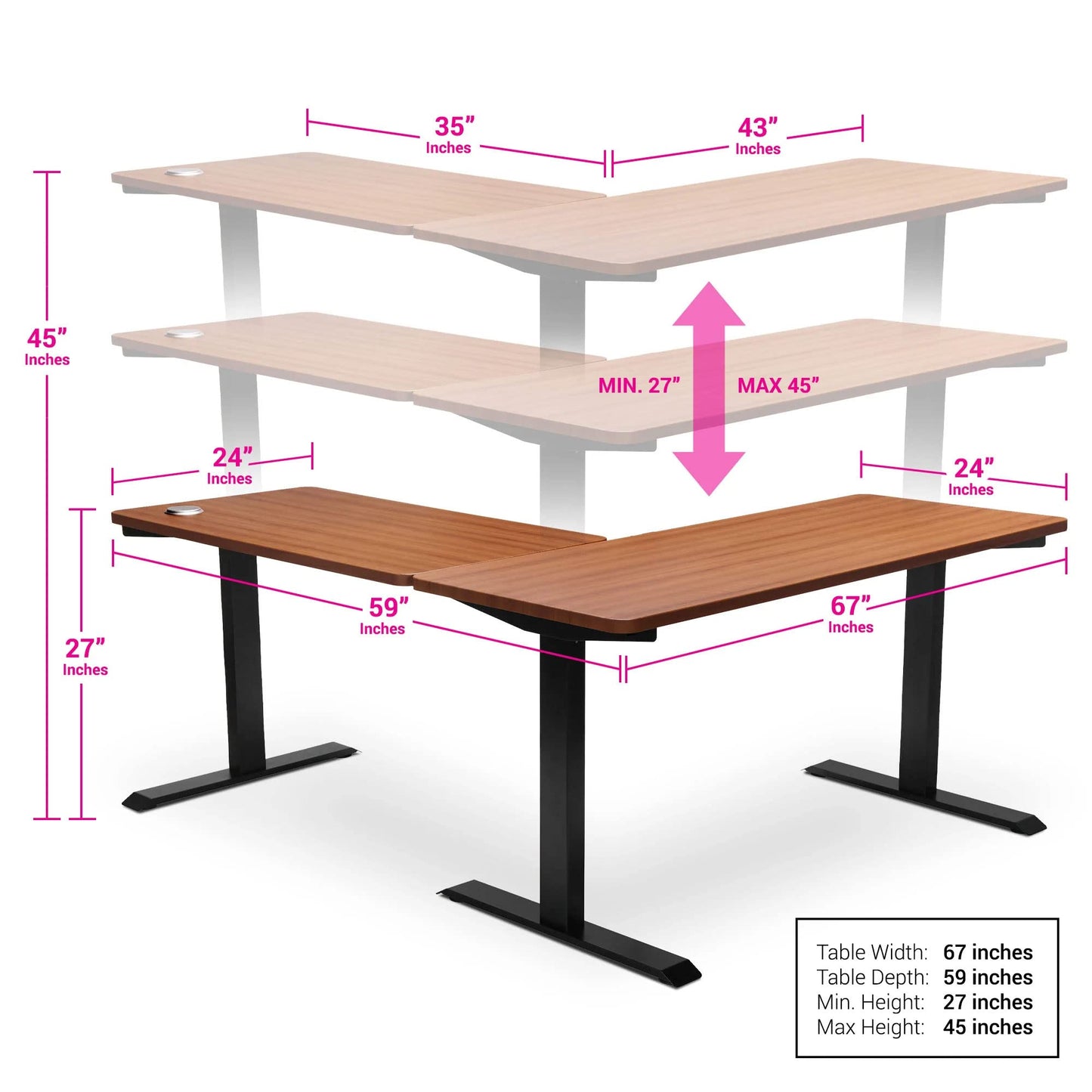 BRODAN Electric Standing L Desk with Power Charging Station, Adjustable Height Sit Stand Home Office Desk, L Shaped Computer Desk, 67x59 inches Corner Stand Up Desk, Walnut Top with Black Fra - WoodArtSupply