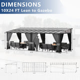 ASJMR Outdoor Lean to Gazebo 10x24FT, Hardtop Wall Mounted Gazebo with Sloping Sun Panel Roof, Awnings for Patio with Metal Frame, Double Curtains for Garden, Lawn, Backyard Deck ASJMR