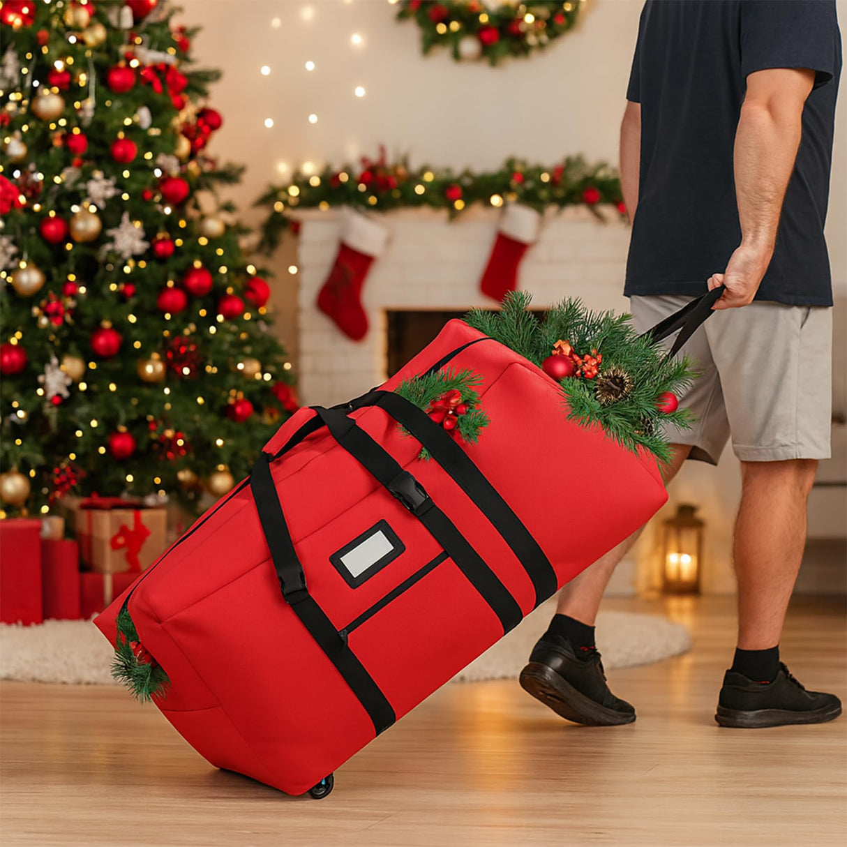 7.5 ft Christmas Tree Storage Bag, Heavy Duty Rolling Xmas Tree Bag with Reinforced Handles and Wheels, Large Storage Container for Trees and Decorations, Red GHYKL