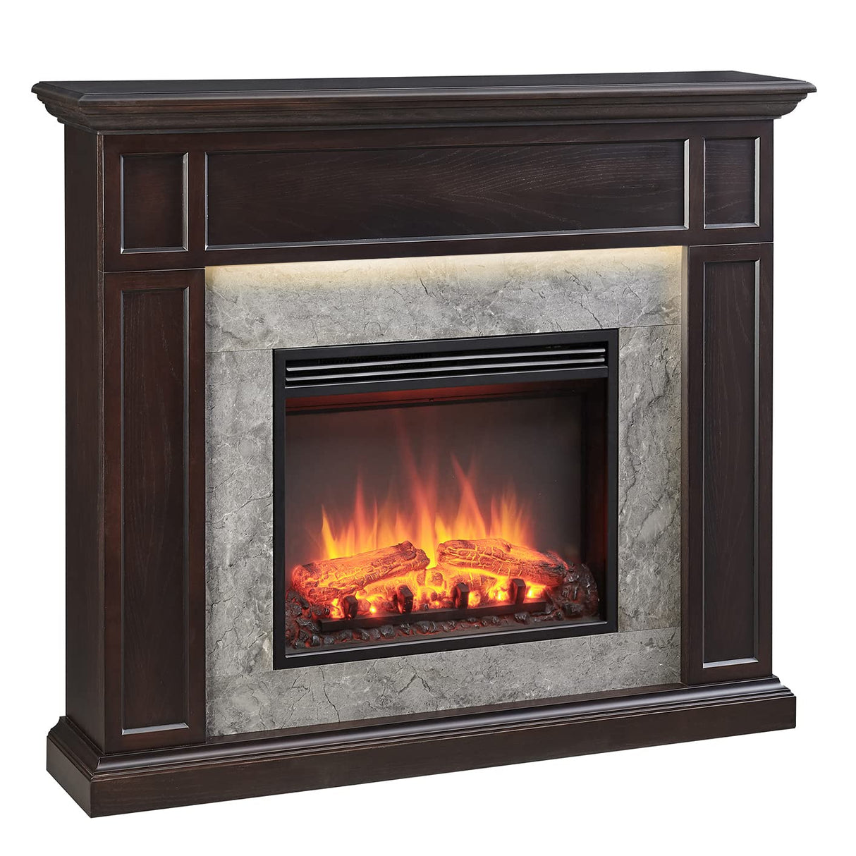 LegendFlame Fireplace Suite Sheraton, 48 Inch Mantel Surround, Espresso Oak with Light Grey Marble Finish, with 23 Inch Electric Fireplace Insert, 750W/1500W, Weekly Timer, Mood Light, Remote Control Legend Flame