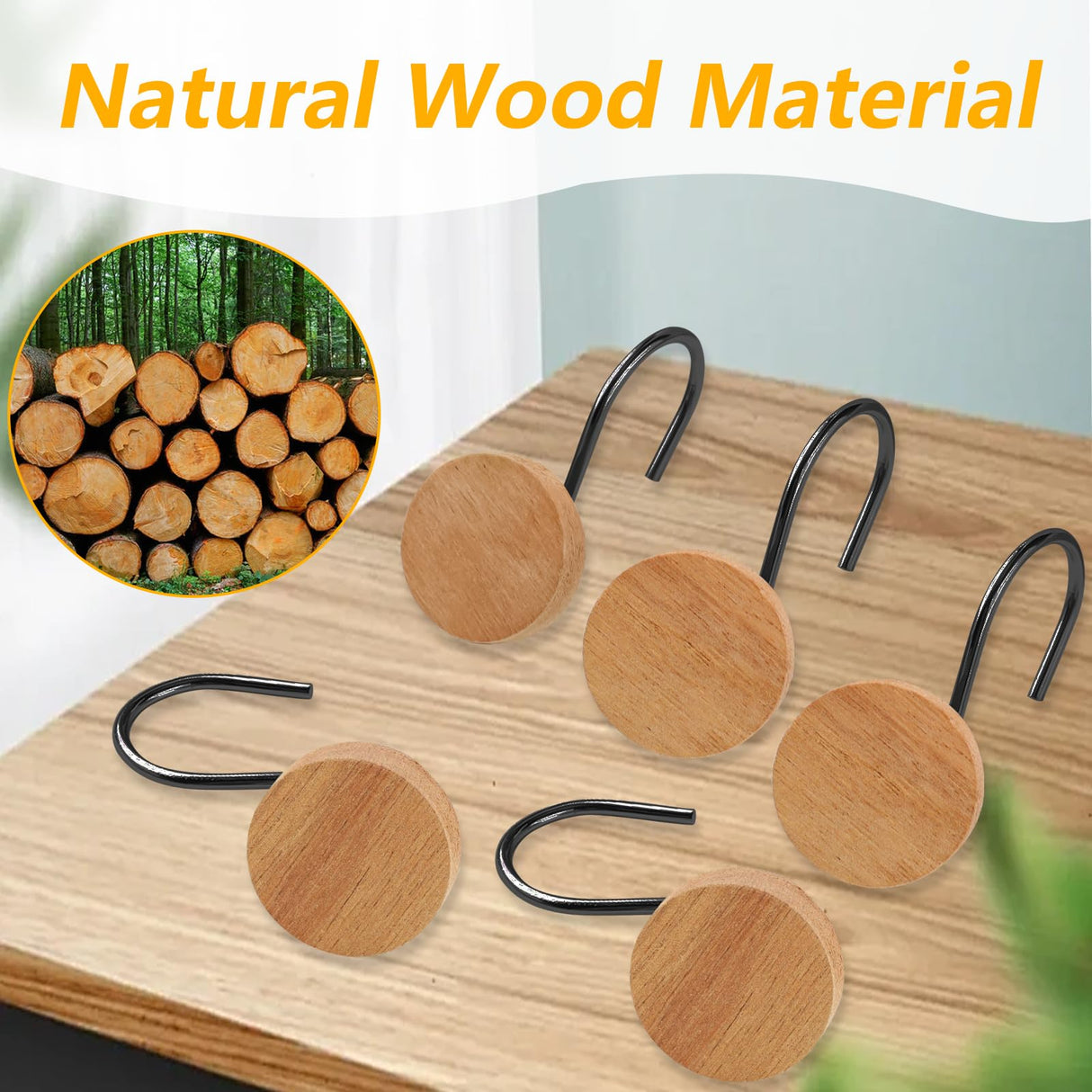 Shower Curtain Hooks, Wood Decorative Shower Curtain Rings, Modern Round Log Shower Curtain Hangers, 12PCS Shower Hooks for Shower Curtain Rod, Bedroom, Living Room (Black) JTDTH