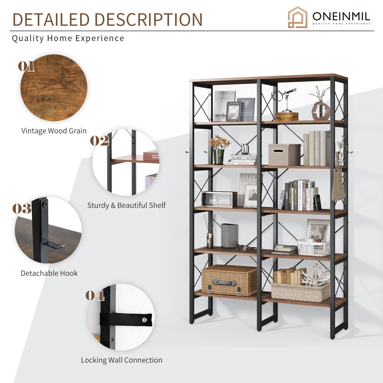 Double Wide 6-Tier Industrial Bookshelf with Metal Frame and Rustic Brown Finish - WoodArtSupply