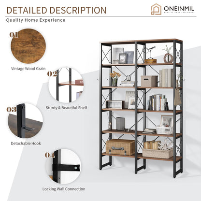 Double Wide 6-Tier Industrial Bookshelf with Metal Frame and Rustic Brown Finish - WoodArtSupply