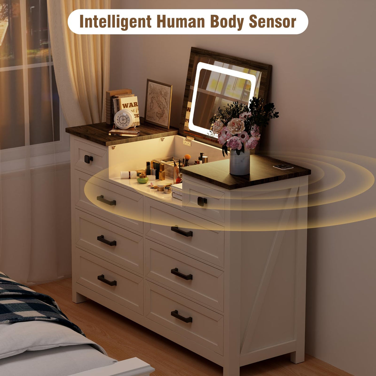 BROTTAR Dresser with Mirror for Bedroom, Chest of Drawers with LED Mirror, 8 Drawer Dresser with Charging Station, White Kids Dressers, Farmhouse Makeup Vanity with Storage for Bedroom BROTTAR