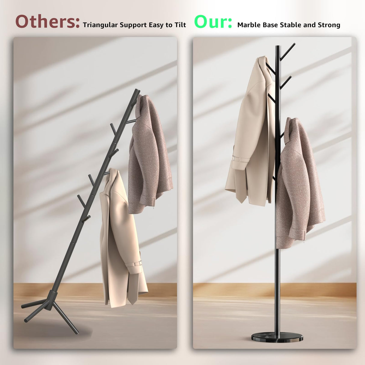 HzTinT Coat Rack with Natural Marble Base, Metal Freestanding Coat Rack with 8 Hooks, 3 Adjustable Size Sturdy Coat Tree for Bags, Coats, and Hats for Entryway, Hallway, Bedroom, Office, Black HzTinT
