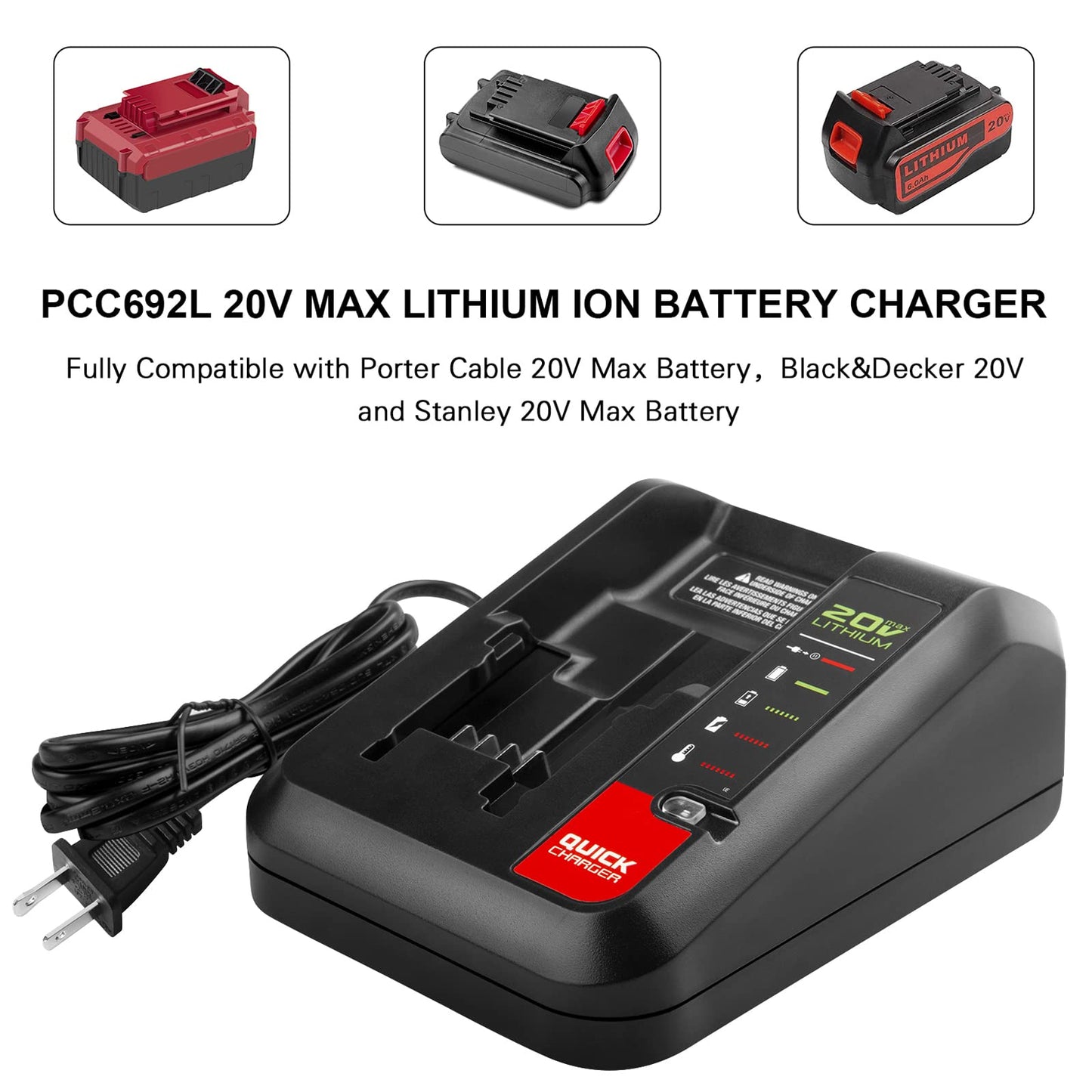 Quick Charger [for Porter-Cable 20V MAX] & [for Black+Decker 20V MAX] Lithium Battery PCC680L PCC681L PCC682L PCC685LP PCC699L and Battery LBXR20 LBXR2020 LBX4020 - WoodArtSupply