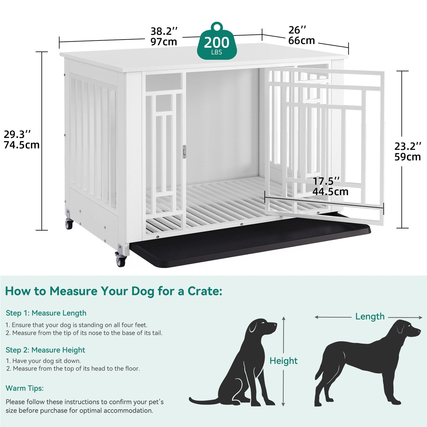 YITAHOME Dog Crate Furniture, 38.2" Heavy Duty Dog Cage, Wooden Side End Table with Wheels, Chew-Resistant Metal Dog Kennel with Removable Tray, Dog House Indoor for Small Medium Dogs, White - WoodArtSupply