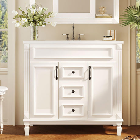 Merax 36" Bathroom Vanity with Sink Combo, Modern Painted Bathroom Cabinet Vanity with 2 Drawers and Storage, Vintage Metal Handle, Ceramic Sink Top, Solid Wood Frame Merax