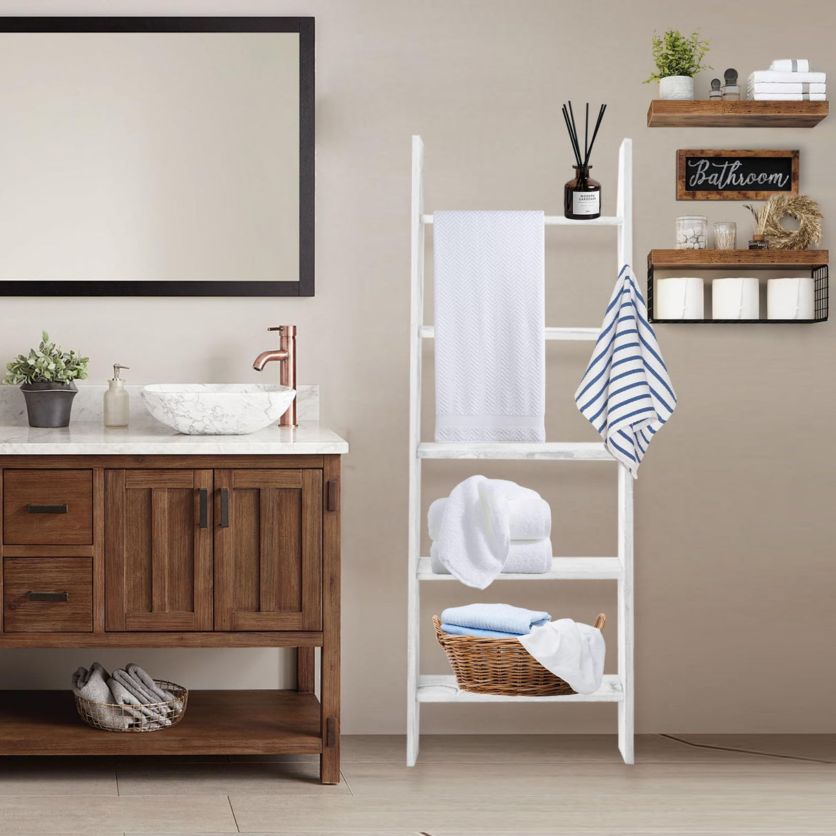 Honest Blanket Ladders for The Living Room, 5-Tier Blanket Holder, Wall-Leaning Blanket Rack, Ladder Shelves, Wooden Quilt Ladder, Farmhouse Decor, White HONEST OUTFITTERS