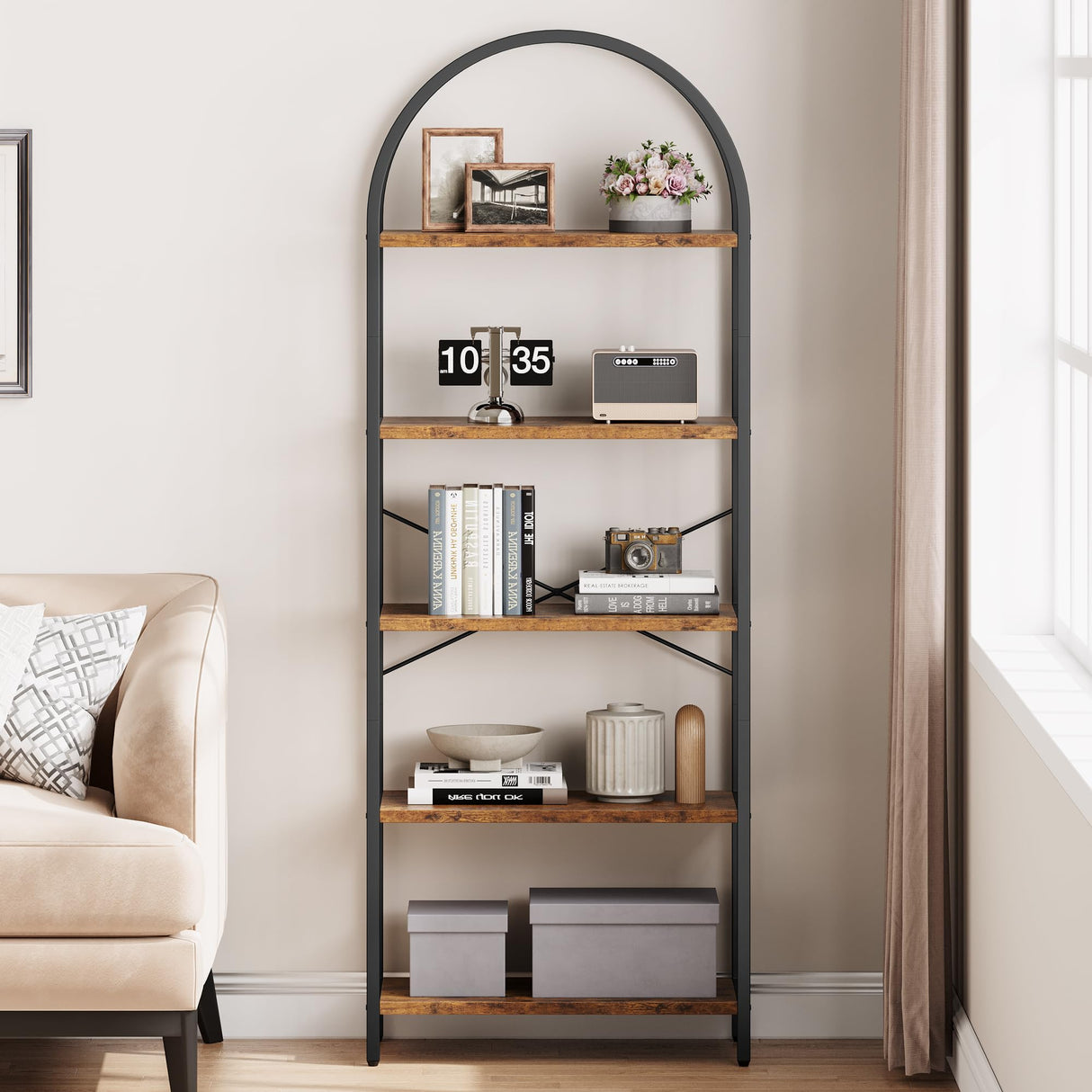 IDEALHOUSE Bookshelf 5 Tier Bookcase Arched Display Racks Tall Standing Bookshelves Metal Frame Modern Storage Rack Shelf Large Wood Book Shelf for Bedroom, Living Room, Home Office IDEALHOUSE