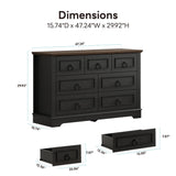 LIKIMIO Farmhouse Dresser for Bedroom with 7 Drawer, 47.2" Wide Wood Rustic Chest of Drawers with Round Metal Handle, Thickened Desktop, Storage Dressers for Bedroom, Hallway, Entryway, Black LIKIMIO