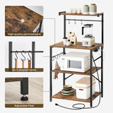 YATINEY Bakers Rack with Power Outlets, 4 Tier Microwave Stand, Coffee Bar Station with 6 S-Shaped Hooks, X-Shaped Back Support, for Kitchen, Dining Room, Living Room, Rustic Brown and Black HB21BR YATINEY