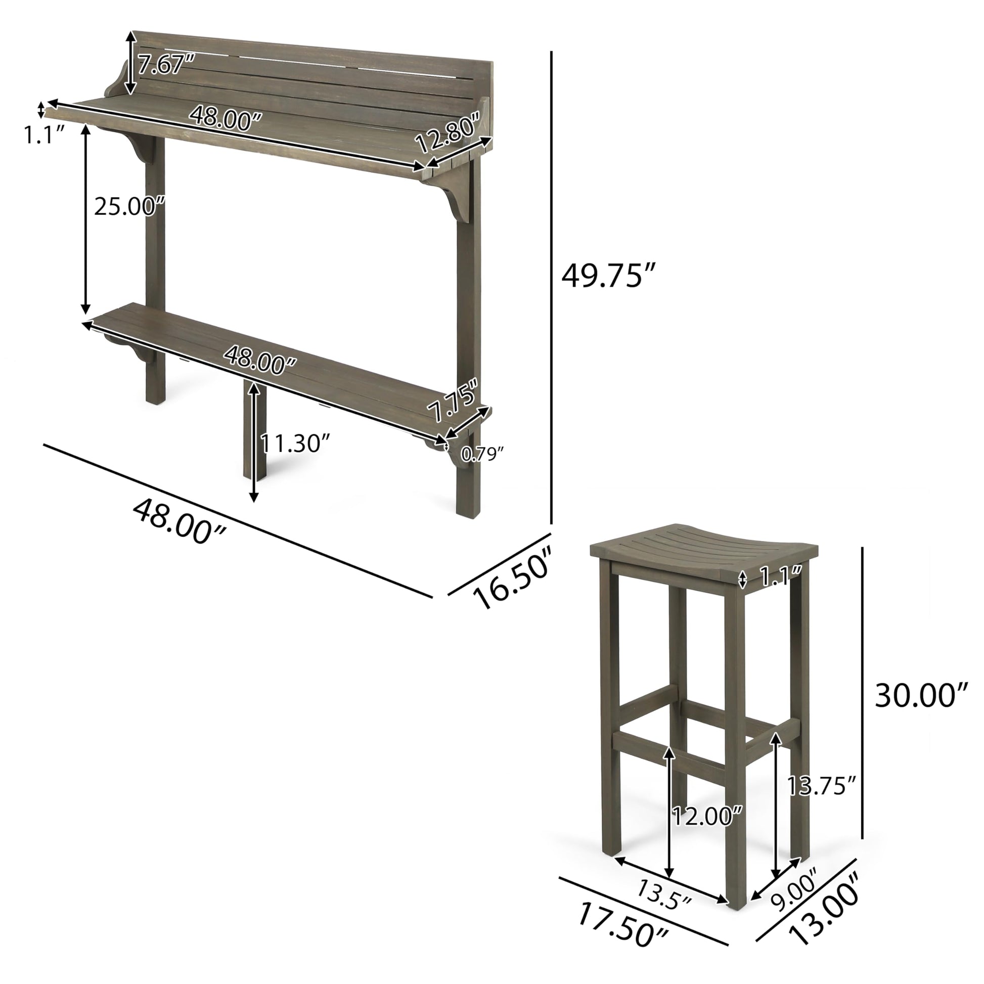 Christopher Knight Home Caribbean Outdoor Acacia Wood Balcony Bar Set, 3-Pcs Set, Grey Finish - WoodArtSupply