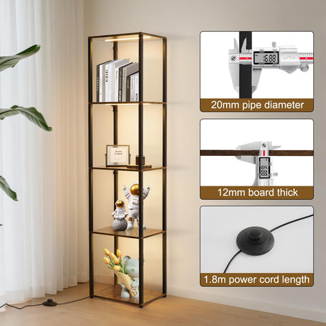 Weaboopre Display Shelf with Lights, 3 Color Temperature & Brightness Curio Collectible Floor Lamp with Shelves, Sturdy Metal Display Cabinet for Living Room, Bedroom, Office Decor Rustic Brown Weaboopre