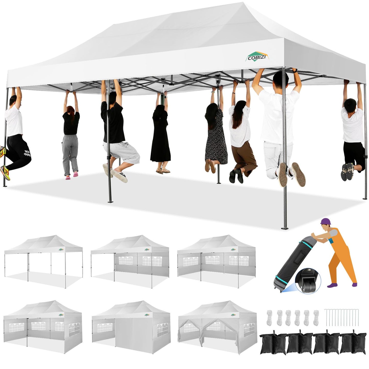 COBIZI 10x20 Heavy Duty Pop up Canopy Tent with 6 sidewalls Easy Up Commercial Outdoor Wedding Party Tents for Parties All Season Wind & Waterproof Gazebo Roller Bag,White(Frame Thickened)