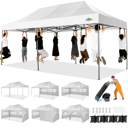 COBIZI 10x20 Heavy Duty Pop up Canopy Tent with 6 sidewalls Easy Up Commercial Outdoor Wedding Party Tents for Parties All Season Wind & Waterproof Gazebo Roller Bag,White(Frame Thickened)