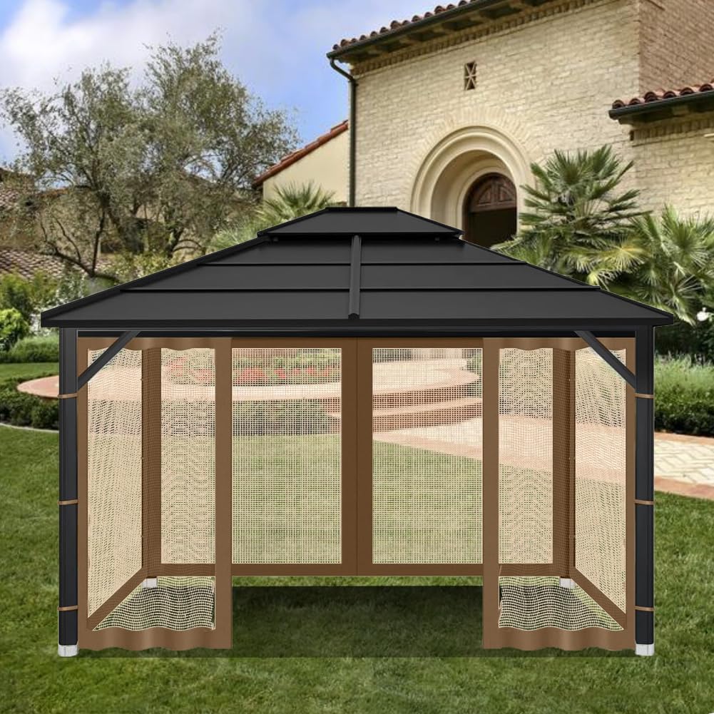 10' x 12' Gazebo Replacement Mosquito Netting, Gazebo Universal Netting Outdoor, 4-Panel Screen Walls Privacy Curtain for Outdoor Patio with Zipper (Brown)