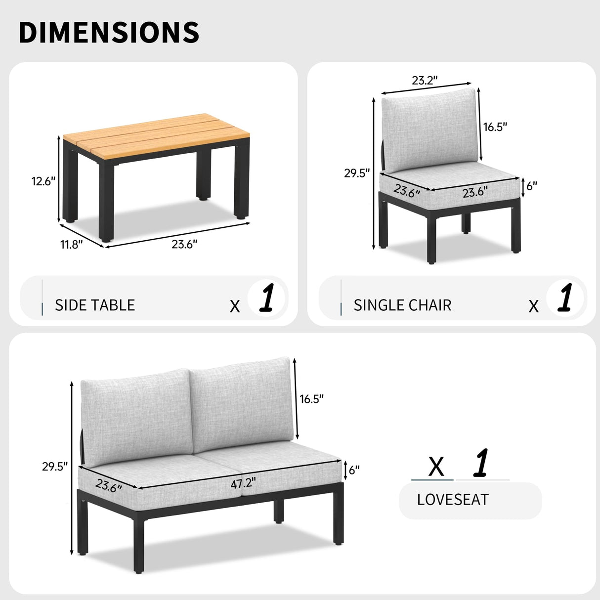 PIZZELLO Patio Furniture Sets Metal Frame All Weather Outdoor Sectional Patio Sofa Convertible Patio Seating Sofas with 6" Cushions and Faux Wood Coffee Table(Beige) PIZZELLO