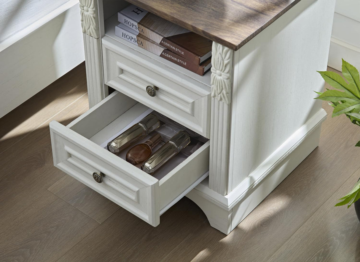 BLANKSPACE Nightstand with Charging Station, Farmhouse End Side Table, Smart LED Night Stand,Bedside Cabinet for Bedroom, Living Room (Antique White) BLANKSPACE