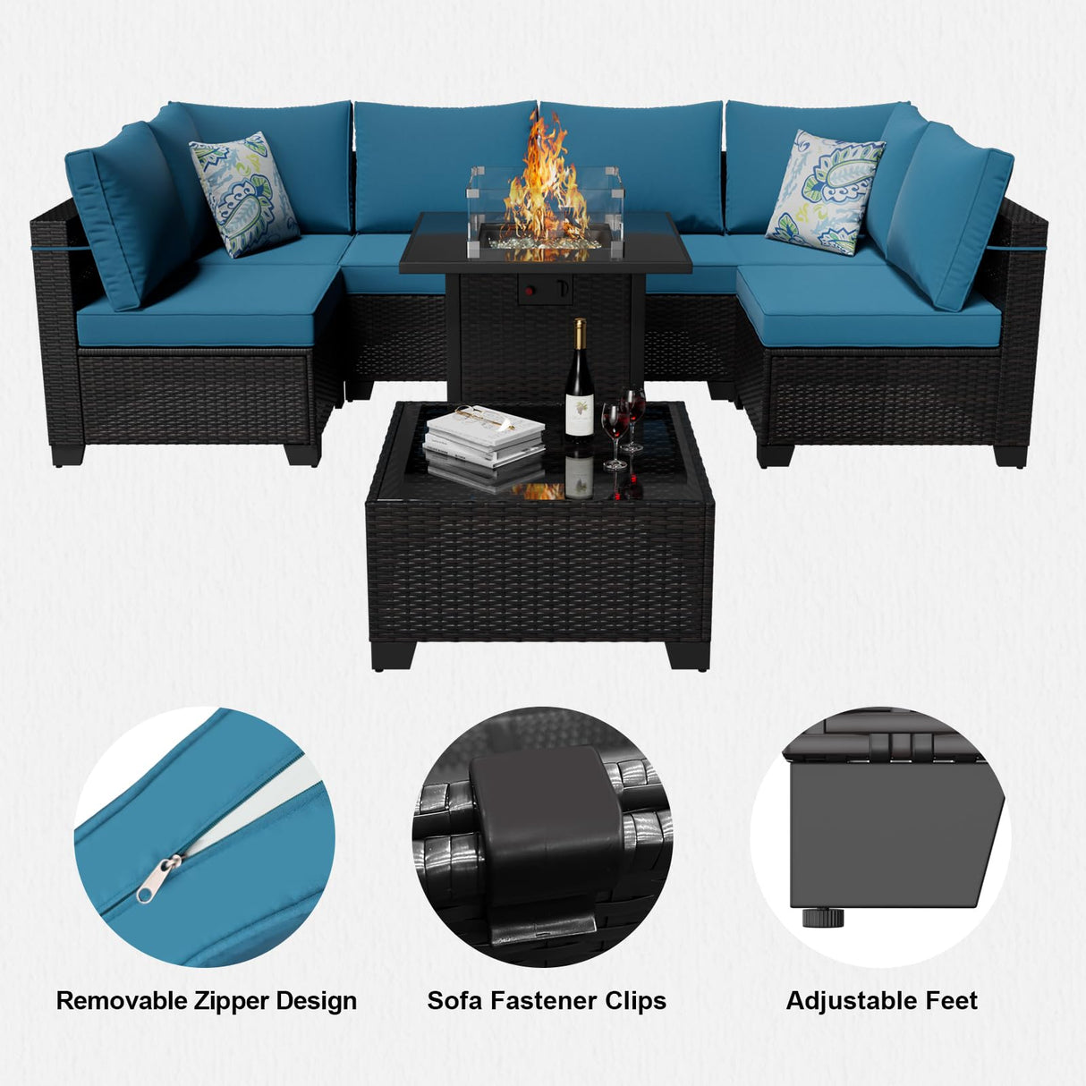 Ophelian 8 Piece Patio Furniture Set with Fire Pit Table, Wicker Outdoor Sectional Sofa Set with Thick Anti-Slip Chusions, Patio Conversation Sets for Backyard, Garden, Deck (Brown/Peacock Blue) Ophelian