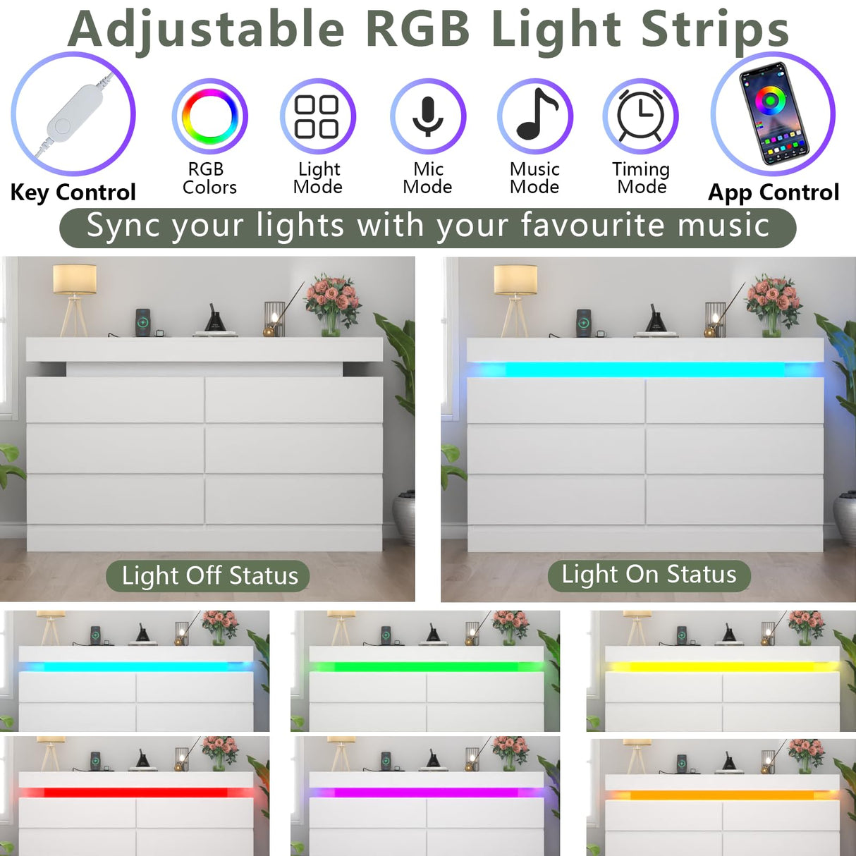 Gyfimoie 6 Drawer Dresser with Power Outlet, White Dresser with LED Light, Modern Chest of Drawers for Closet, Double Wide Drawer Organizer Cabinet for Bedroom, Living Room, Entryway, Hallway (White) Gyfimoie