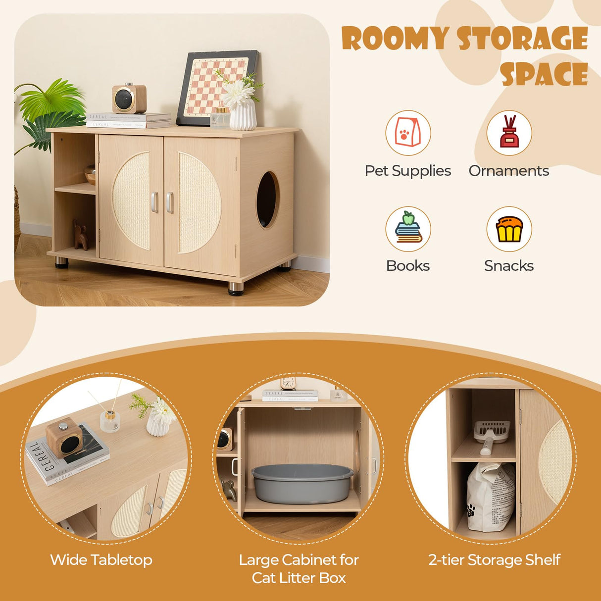 Tangkula Cat Litter Box Enclosure, Hidden Cat Washroom with Storage Shelf, Sisal Scratching Doors, Adjustable Metal Feet, Modern Cat Litter Cabinet Storage Bench, Hidden Litter Box Furniture (Natural) Tangkula