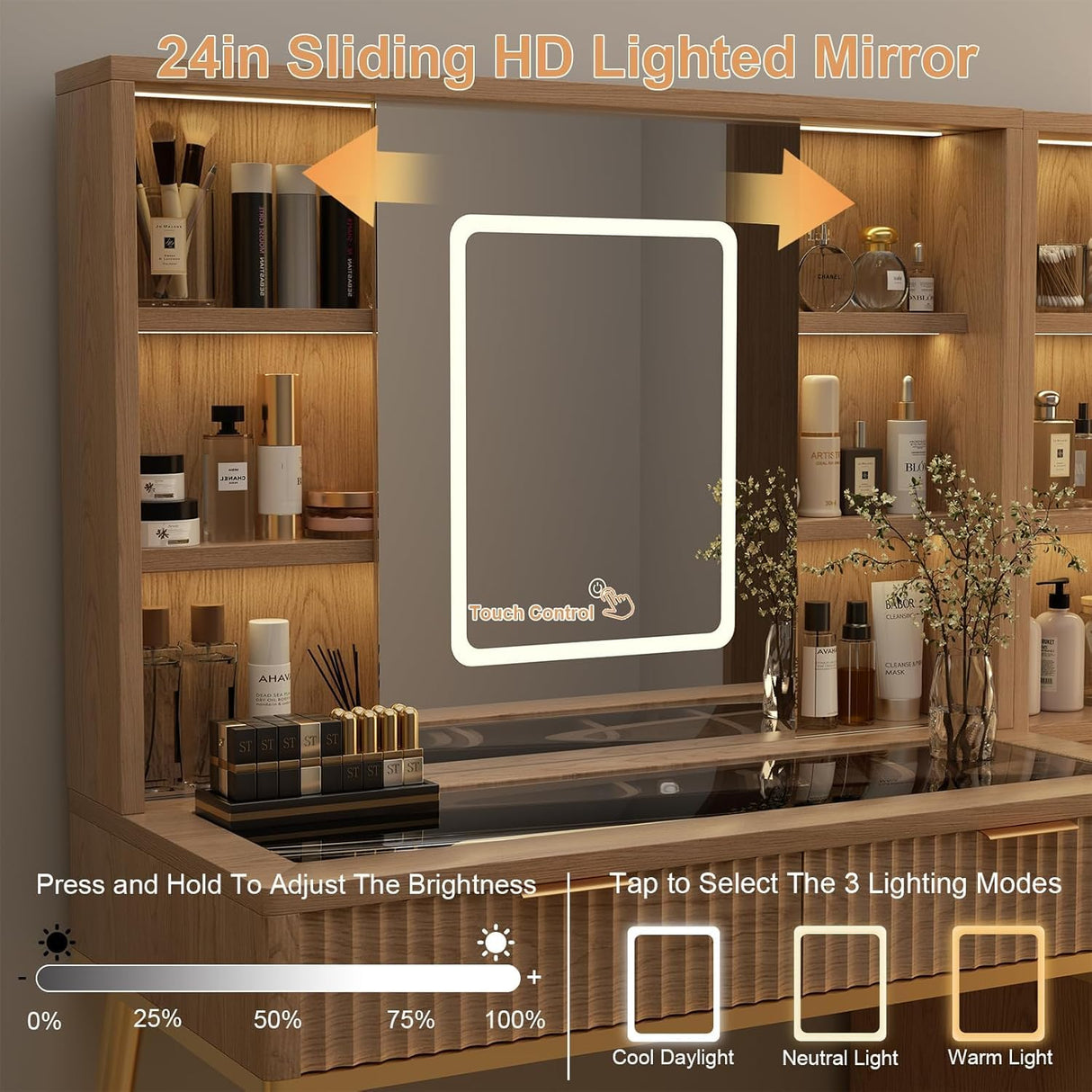 48" Fluted Makeup Vanity Desk with Sliding Mirror and Lights, Wooden Dressing Table with 5 Drawers and Adjustable Shelves,Makeup Vanity Table Modern Glass Top Charging Station for Bedroom (Wooden) TTSITG