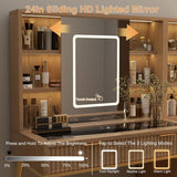 48" Fluted Makeup Vanity Desk with Sliding Mirror and Lights, Wooden Dressing Table with 5 Drawers and Adjustable Shelves,Makeup Vanity Table Modern Glass Top Charging Station for Bedroom (Wooden) TTSITG