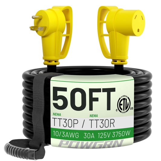 POWGRN 30 Amp RV Extension Cord 50 FT Outdoor with Grip Handle, Flexible Heavy Duty 10/3 Gauge STW 3 Prong RV Power Cord Waterproof with Cord Organizer, NEMA TT-30P to TT-30R, Black-Yellow, E - WoodArtSupply