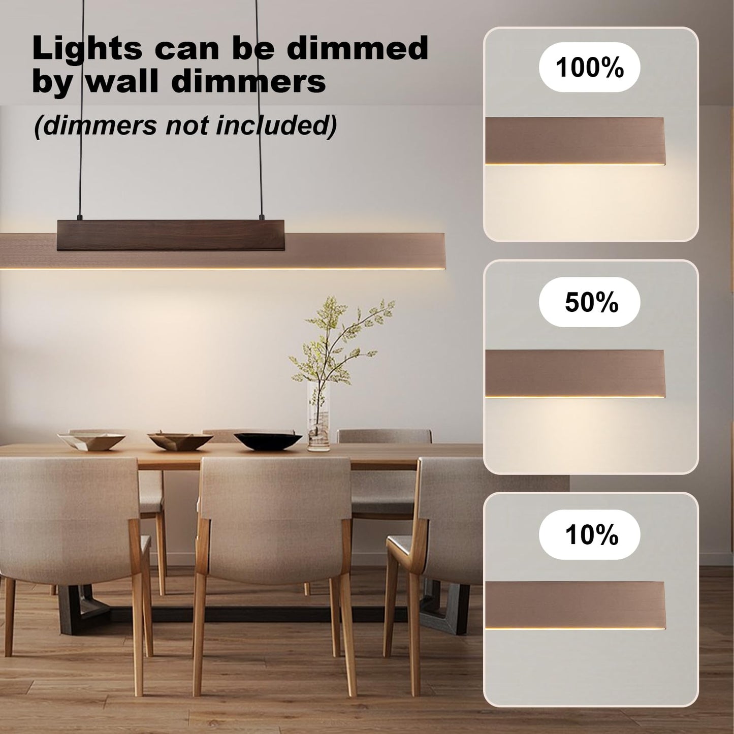 Y'INSP Modern Wooden LED Pendant Light Fixtures 47 Inch Linear Dimmable Pendant Light Height Adjustable Dining Room Light 35W Walnut Color Linear Chandelier for Kitchen Island - WoodArtSupply