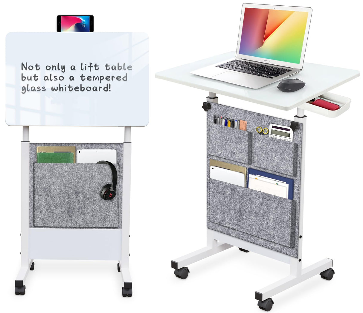 KOUPA Adjustable Height Standing Desk, Writable Tempered Glass Desktop with Eraser, 360° Flip, Wheels and Bag– Ideal for Small Spaces and Home Offices, 24 in, White(Adjustable Height: 32-47 in) KOUPA