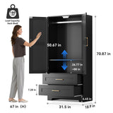 Wooden Armoire Wardrobe Closet with 2 Drawers, Bedroom Armoires with Door and Shelves, Freestanding Wardrobe Clothing Storage Cabinet with Hanging Rod for Bedroom, Laundry Room, Cloak Room（Black） Honsiva