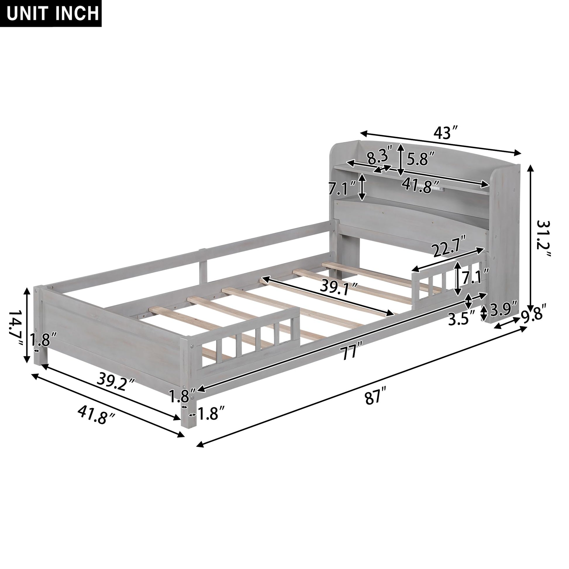 SOFTSEA Antique Gray Twin Wood Bed with Storage Headboard and LED Light - WoodArtSupply