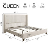 HOWE Queen Size Upholstered Platform Bed Frame, Wingback Bed with 50.8" Headboard, Corduroy/Solid Wood Leg/No Box Spring Needed/Noise Free/Cream HOWE