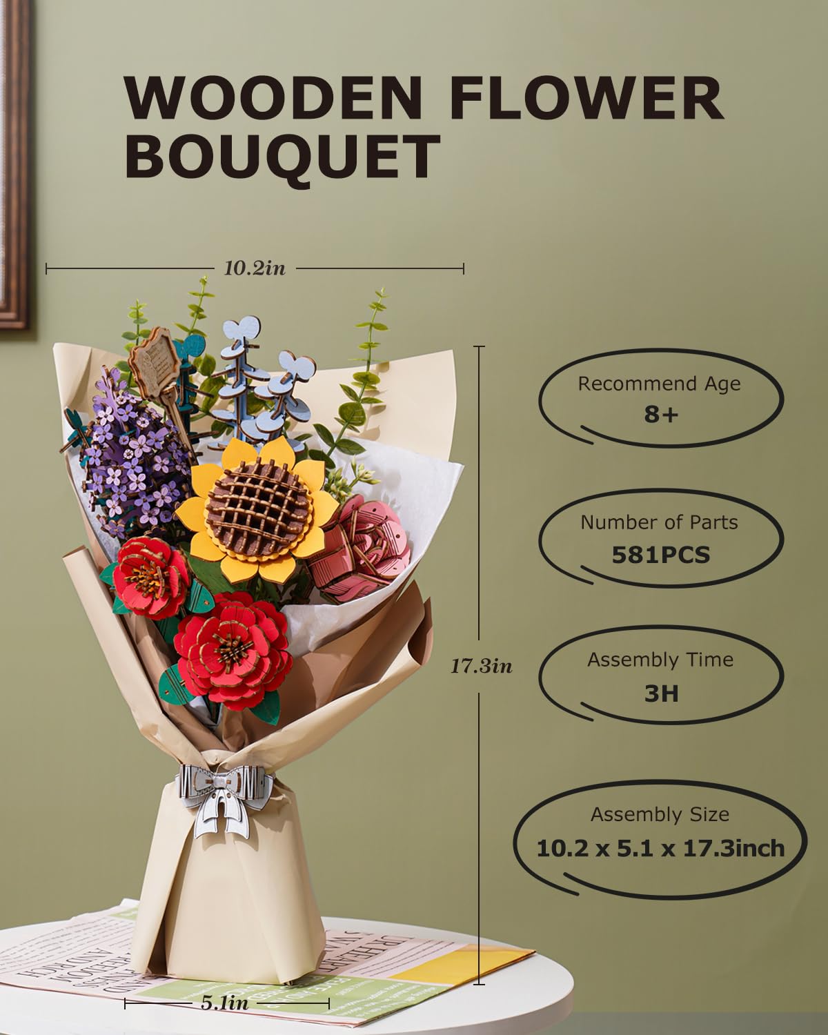 ROBOTIME 3D Puzzles Wooden Flower Bouquet DIY Model Building Kit to Build for Adults Artifical Bouquet Botanical Collection Craft Brain Teaser Puzzle Creative Gift Home Decor - WoodArtSupply