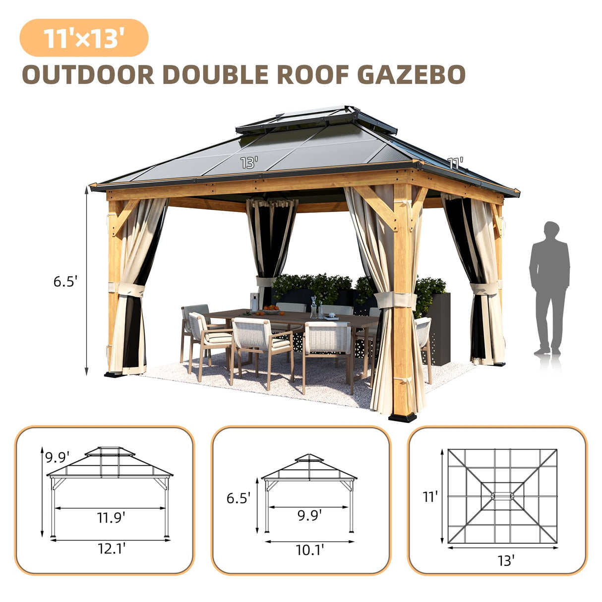 YOLENY 11'x 13' Hardtop Gazebo, Wood Outdoor Gazebo, Polycarbonate Double Roof, Netting and Curtains, Patio Gazebo for Decks, Backyards, Lawns and Gardens YOLENY