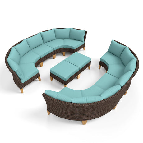 Sophia & William Outdoor Wicker Sectional Sofa Set, 12 Piece Half Moon Curved Patio Furniture Modern Round Outdoor Couch Conversation Set with Ottoman for Backyard, Deck, Garden(Aqua Blue) Sophia & William