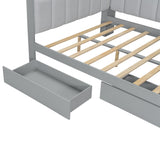 MaiDeHaoo Full Size Daybed with Storage Shelves and Upholstered Headboard, Corner Bed Frame with L-Shaped Bookcase, Drawers and Charging Station, Captains Bedframe with LED Light and Backrest, Grey MaiDeHaoo