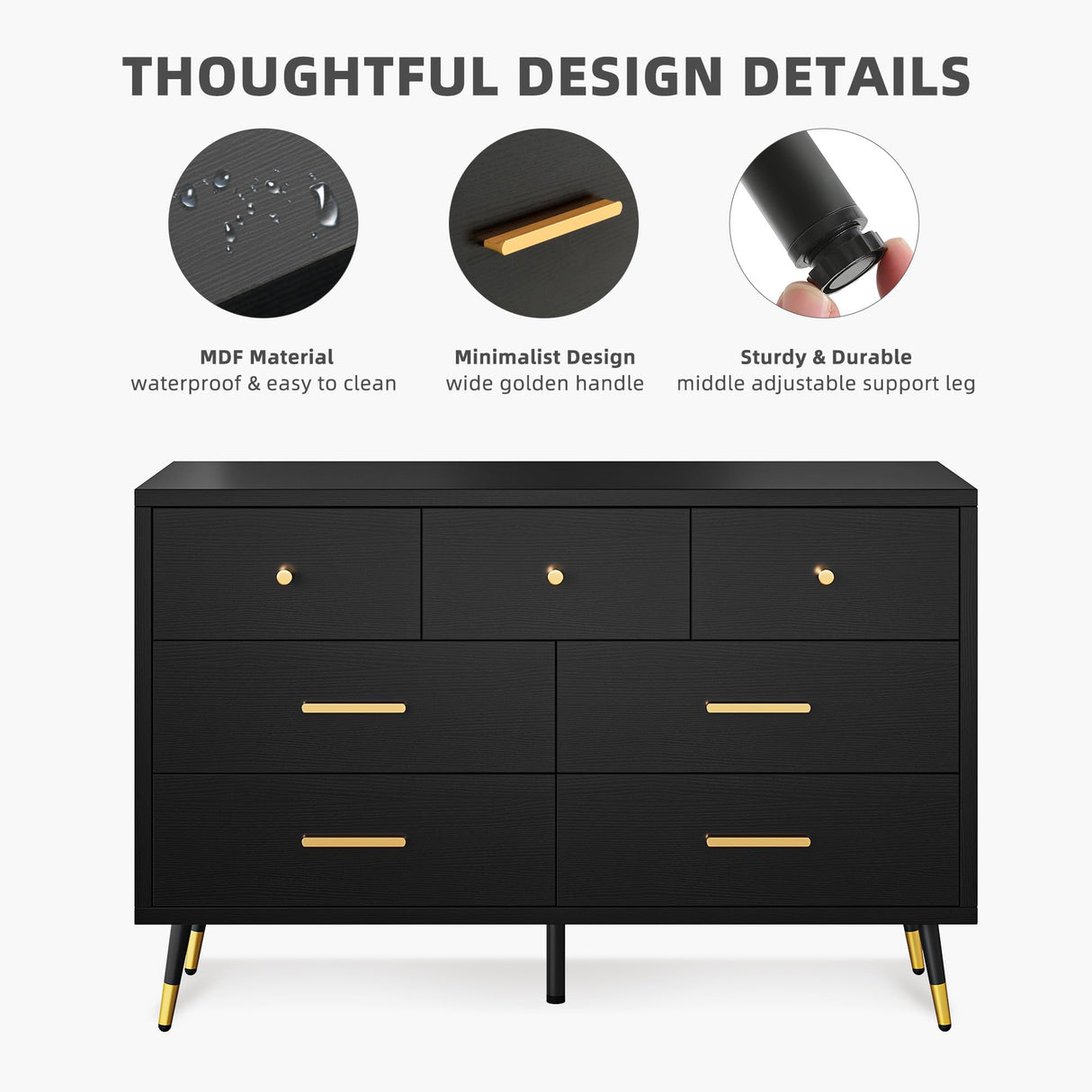 DWVO 7 Drawer Dresser,Black Wood Storage Dressers & Chests of Drawers,Gold Metal Handle ＆ Anti-Tipping Device, Modern Double Dresser Storage,TV Cabinet for Bedrom DWVO
