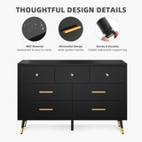 DWVO 7 Drawer Dresser,Black Wood Storage Dressers & Chests of Drawers,Gold Metal Handle ＆ Anti-Tipping Device, Modern Double Dresser Storage,TV Cabinet for Bedrom DWVO