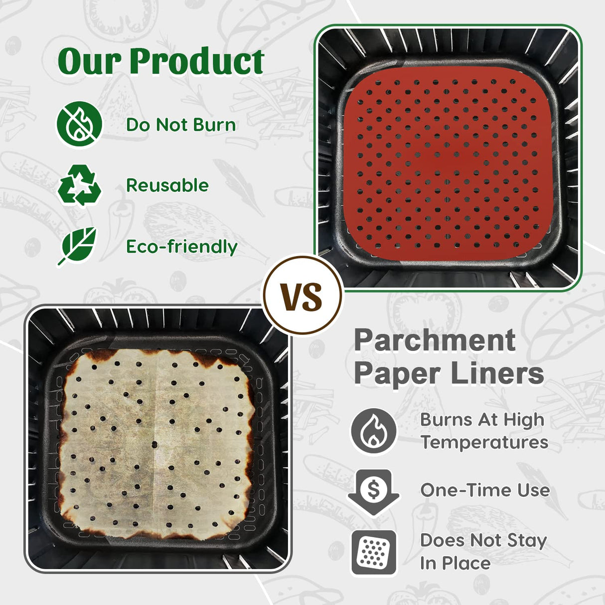 Reusable Silicone Air Fryer Liners 8.5 Inch by Linda’s Essentials (3 Pack, Square) - Non Stick Easy Clean Air Fryer Liners Reusable Mats Air Fryer Accessories Includes Cheat Sheet And Recipe Book Linda's Essentials