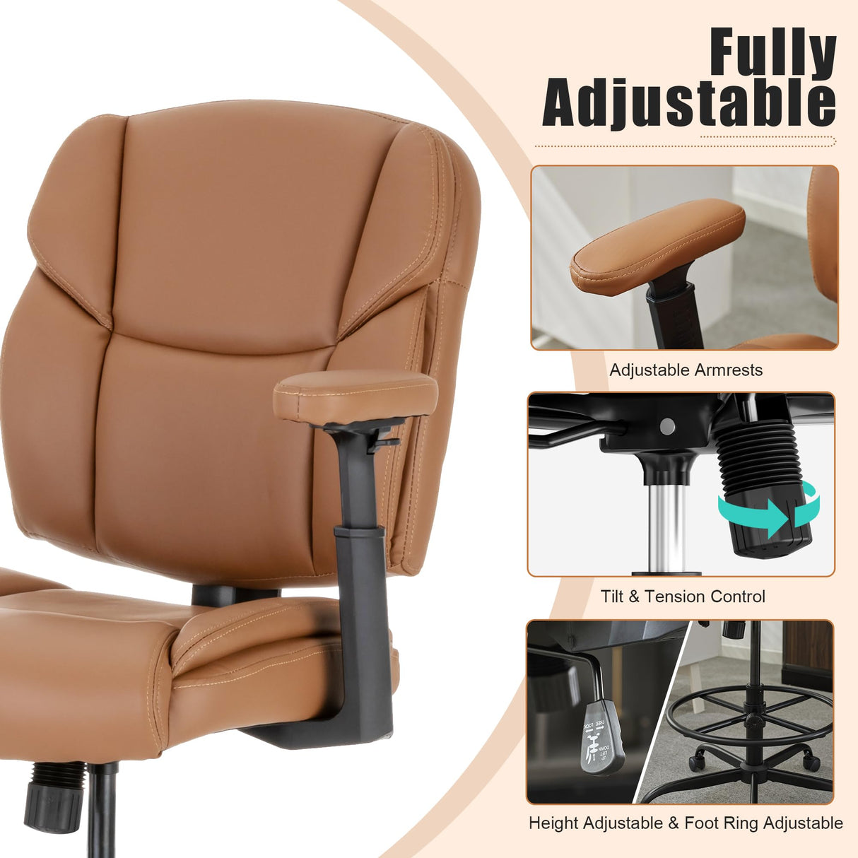 Okeysen Drafting Chair Standing Desk Chair, 500 LBS Leather Big and Tall Office Chair with Adjustable Armrests & Foot Ring, Modern Tall Desk Chair with Mid Back, Swivel Rolling Drafting Stool. Okeysen