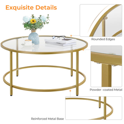 Yaheetech Gold Glass Coffee Table for Living Room, 36" Round Glass Coffee Table with Metal Frame, Circle Coffee Table for Home, Office, Apartment - WoodArtSupply