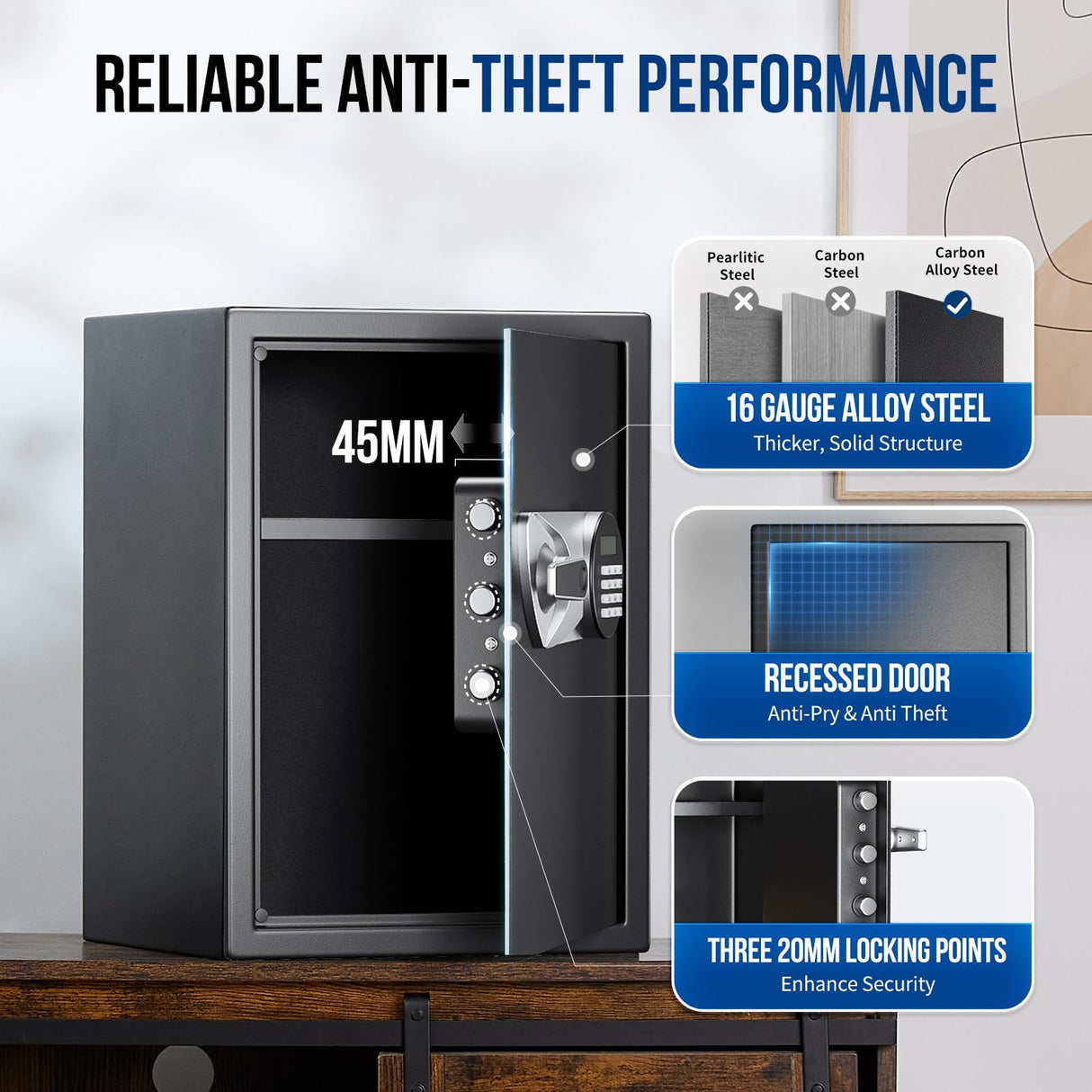 BlackSmith Large Home Safe Box 2.0 Cub Biometric Safe Fingerprint Recogntion Lock Box with Removable Shelf LED Light Fireproof Bag Wall Mount Cabinet Safe for Home Office Hotel, Black BlackSmith