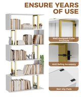 Gadroad 5 Tier Geometric Bookcase,S Shaped Bookshelf, Wood Decorative Storage Shelving, Modern Freestanding Display Shelves, Tall Book Shelf Unit for Living Room Bedroom, Gold Gadroad