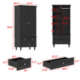 FUNISIR Bedroom Wardrobe Cabinet with 2 Doors, Wood Armoire Closet with Hanging Rod, Wardrobe Closet with 3 Drawers & Multi-Shelves for Clothes Organize, Black (19.7" D x 31.5" W x 70.9" H) FUNISIR