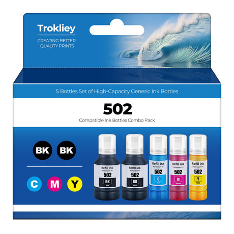502 Ink Refill bottles ET-2760 ET-2850 ET-3850 Replacement for Epson 502 Ink Bottles (5 Pack) for Ecotank ET-3760 ET-4760 ET-4850 2850 2760 3760 ET-3830 ET-3843 ET-2750 ET-3750 ET4750 ET-15000 Printer Trokliey