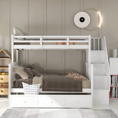 Harper & Bright Designs Twin Over Full Bunk Bed with Stairs and Storage in White - WoodArtSupply