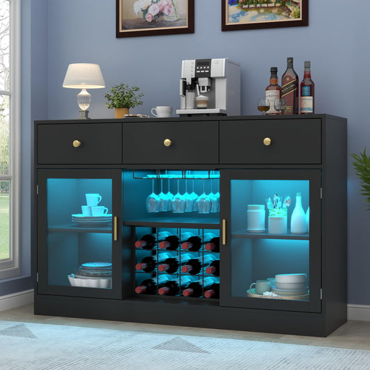 Auromie Wine Bar Cabinet with LED Light, Home Coffee Cabinet with Wine and Glass Rack, Kitchen Buffet Sideboard with Storage Drawers & Adjustable Shelves, Modern Liquor Cabinet with Glass Door (Black)