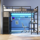 ADORNEVE Loft Bed Full Size with Desk and 8 Storage Drawers, LED Metal Loft Bed with Power Outlet, 2 Shelves & Clothing Rack, Bed with Safety Guardrail & Ladder,Space-Saving, Grey ADORNEVE